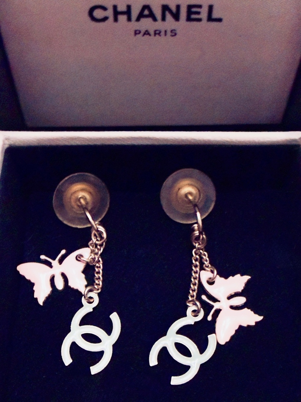 Chanel Enameled Butterfly CC Logo Swing Dangle Drop Earrings